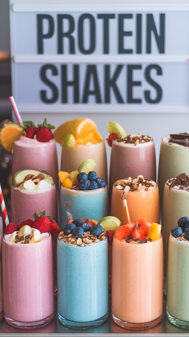 A variety of colorful protein shakes topped with fruits and nuts, displayed under a sign reading 'Protein Shakes'.