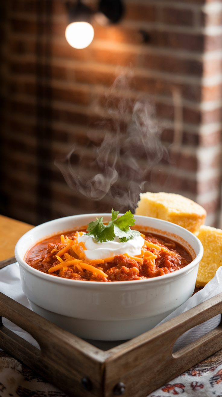 A steaming bowl of turkey chili with cheese and sour cream on top, served with cornbread.