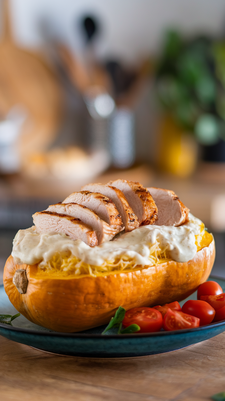 Plate of spaghetti squash alfredo topped with grilled chicken and cherry tomatoes.