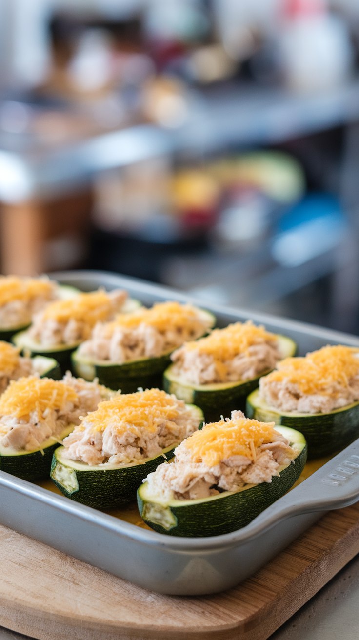 Chicken and cottage cheese stuffed zucchini boats topped with shredded cheese