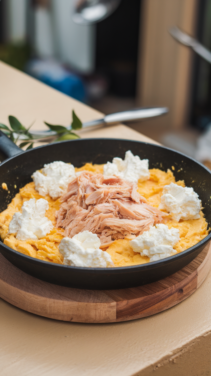 A skillet with a protein-rich breakfast scramble made of shredded chicken and cottage cheese.