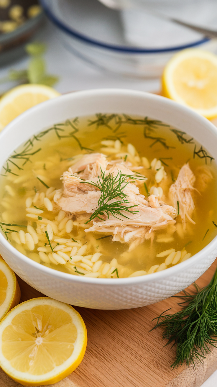 A bowl of lemon chicken orzo soup with lemon slices and fresh herbs