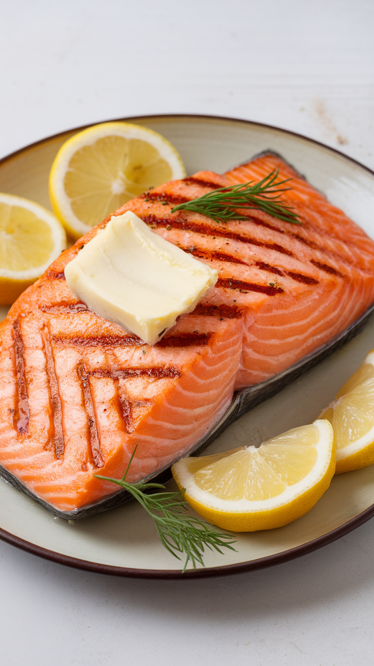 A plate of grilled salmon with butter and lemon slices, garnished with fresh dill.