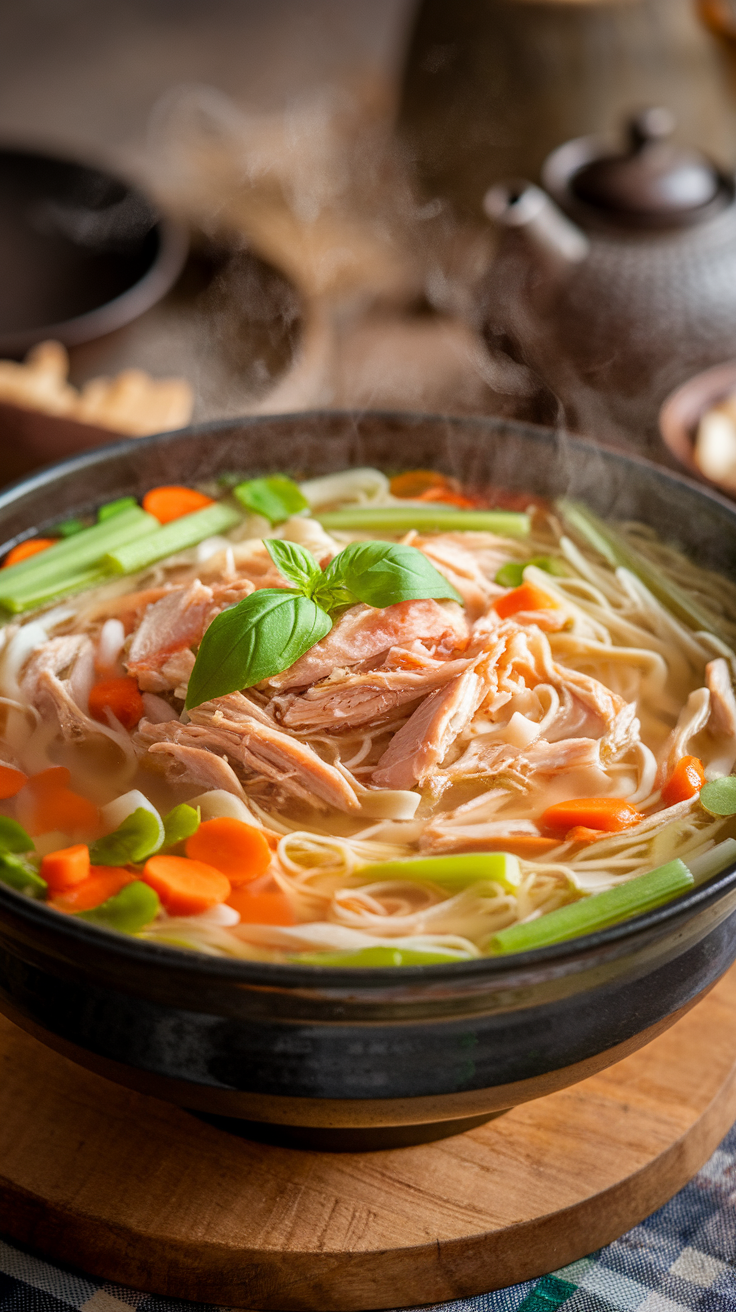 A bowl of healthy chicken noodle soup with vegetables and noodles.