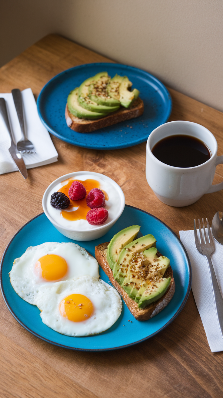 High-protein breakfast featuring eggs, avocado toast, yogurt with berries, and a cup of coffee on a wooden table.