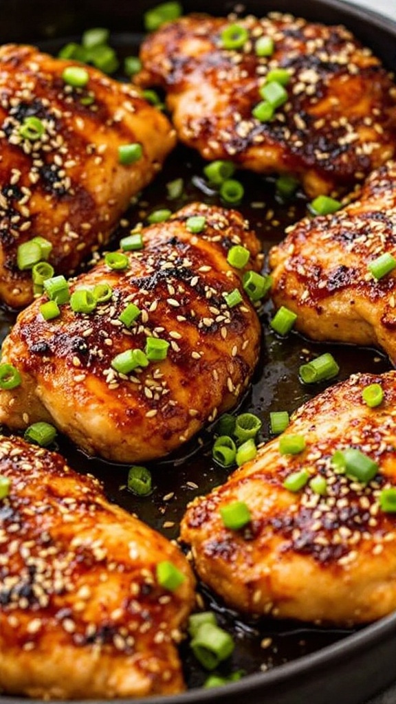 Grilled chicken thighs garnished with sesame seeds and green onions.