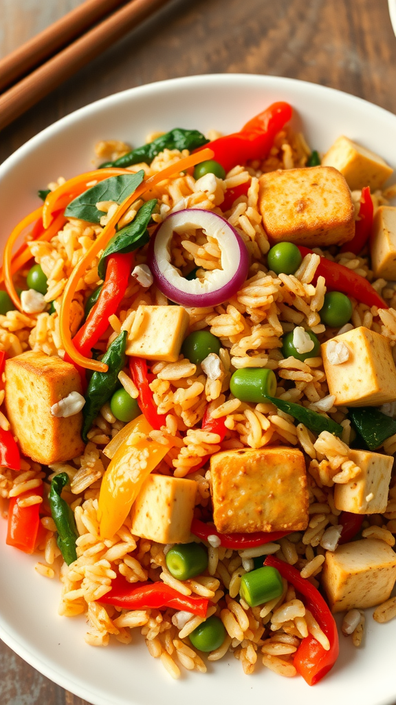 A vibrant plate of vegetable fried rice with colorful peppers, green peas, and tofu.