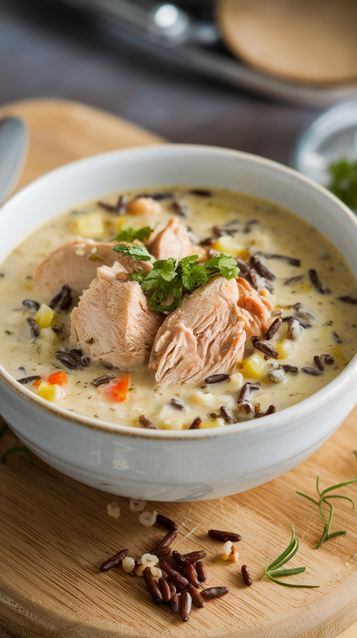 A bowl of creamy chicken and wild rice soup with chunks of chicken and vegetables on a wooden board.