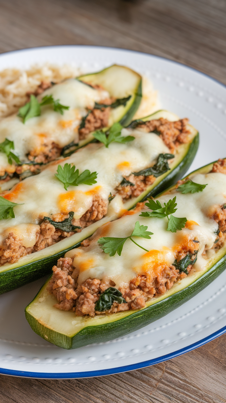 Ground turkey and spinach stuffed zucchini boats topped with cheese and garnished with herbs on a plate.