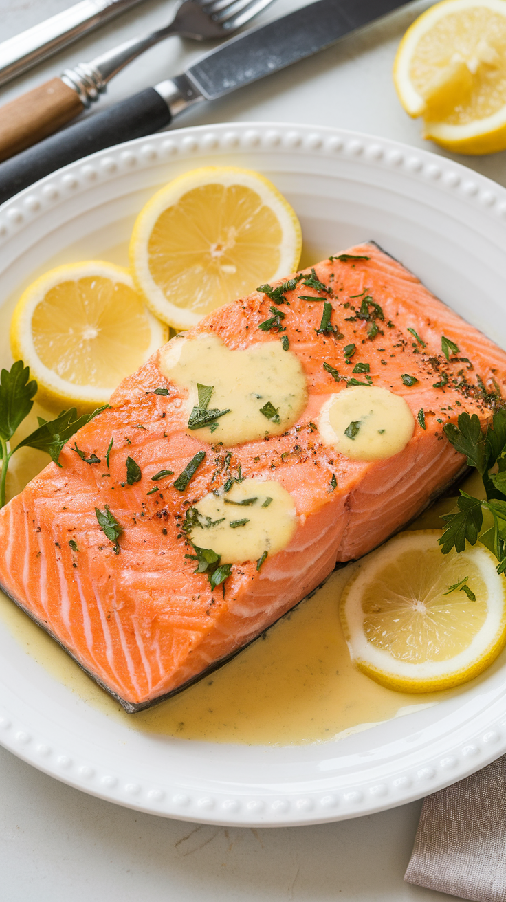 Keto salmon fillet topped with lemon butter sauce, garnished with herbs and lemon slices on a plate.