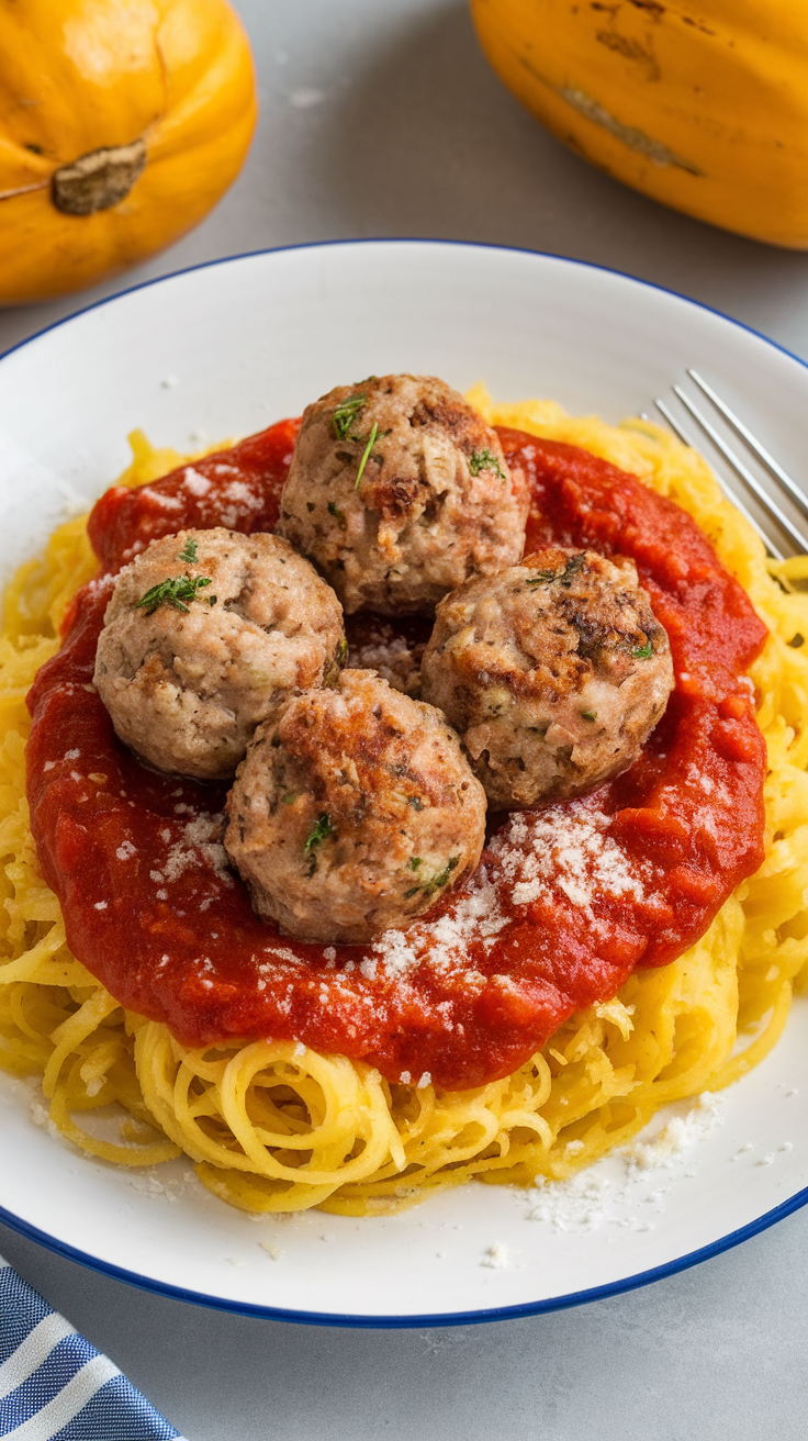 A plate of spaghetti squash topped with turkey meatballs and marinara sauce, garnished with cheese.