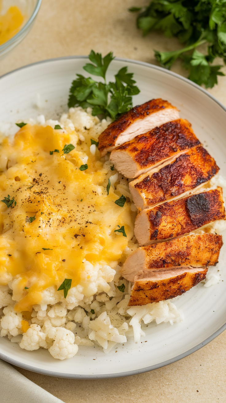 Cheesy cauliflower rice served with grilled chicken slices and garnished with parsley.