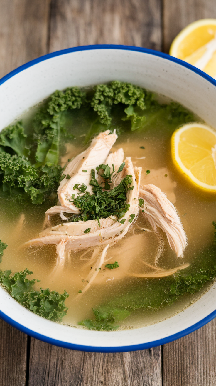 A bowl of Chicken and Kale Detox Soup with lemon slices on the side.