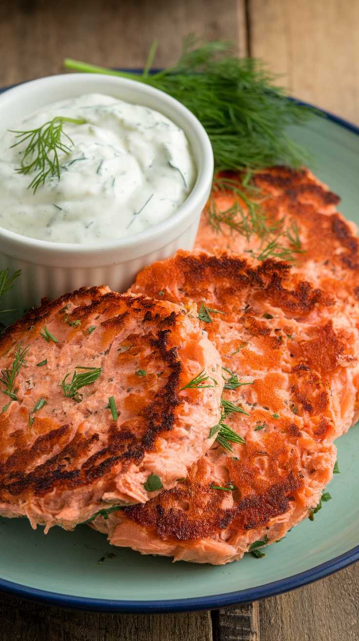 Air-fried salmon patties served with a creamy dipping sauce and garnished with fresh herbs