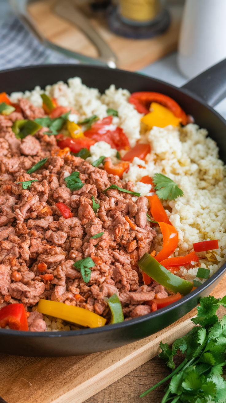 A skillet with ground turkey, colorful bell peppers, and cauliflower rice, garnished with fresh herbs.