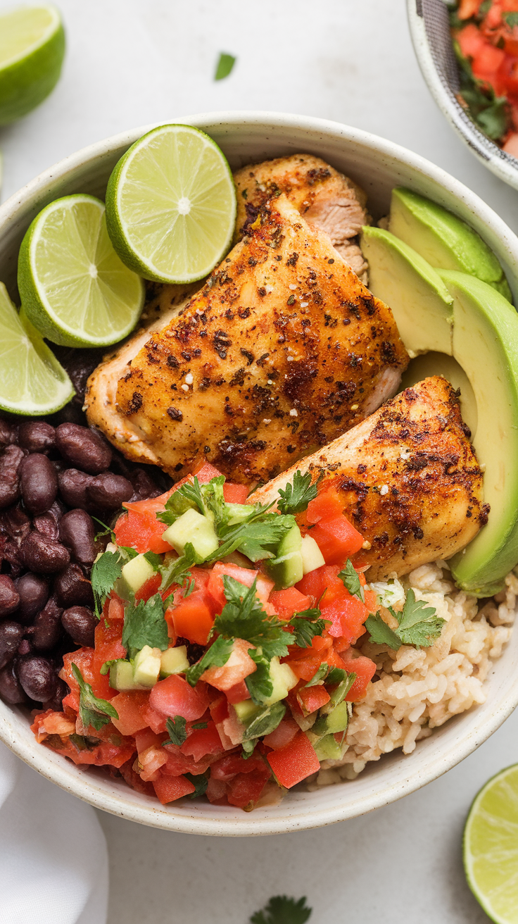 A colorful high-protein chicken burrito bowl with chicken, black beans, brown rice, avocado, and lime.