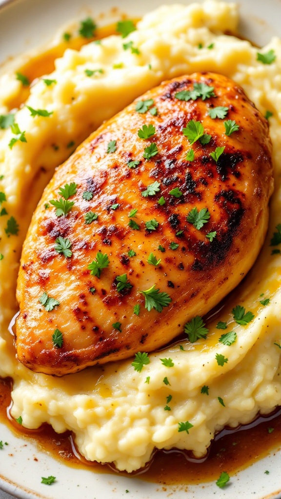 Roasted chicken breast served with creamy cauliflower mash topped with fresh herbs.