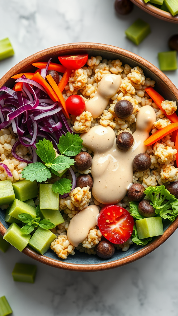 A vibrant vegan Buddha bowl featuring grains, fresh vegetables, and tahini dressing