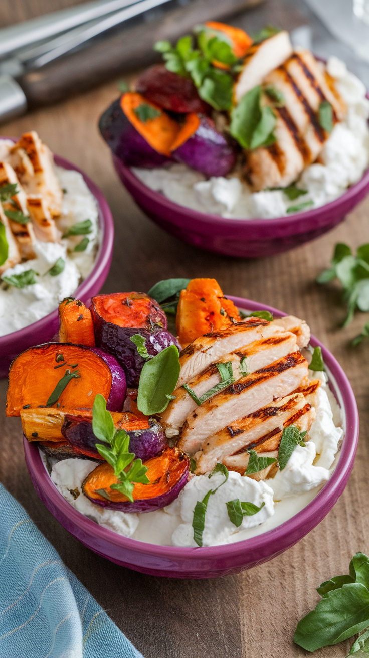 A colorful cottage cheese bowl topped with grilled chicken and roasted vegetables