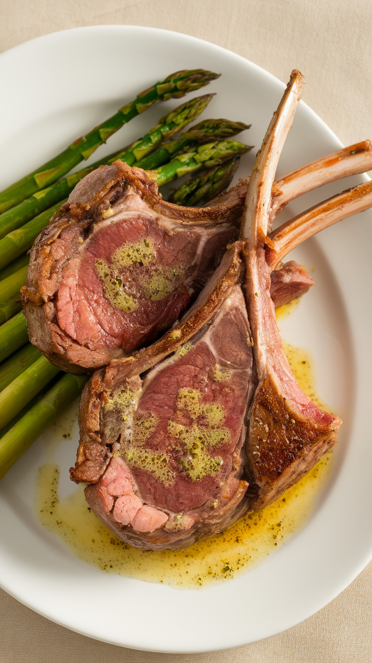 Plate of lamb chops with garlic butter and asparagus