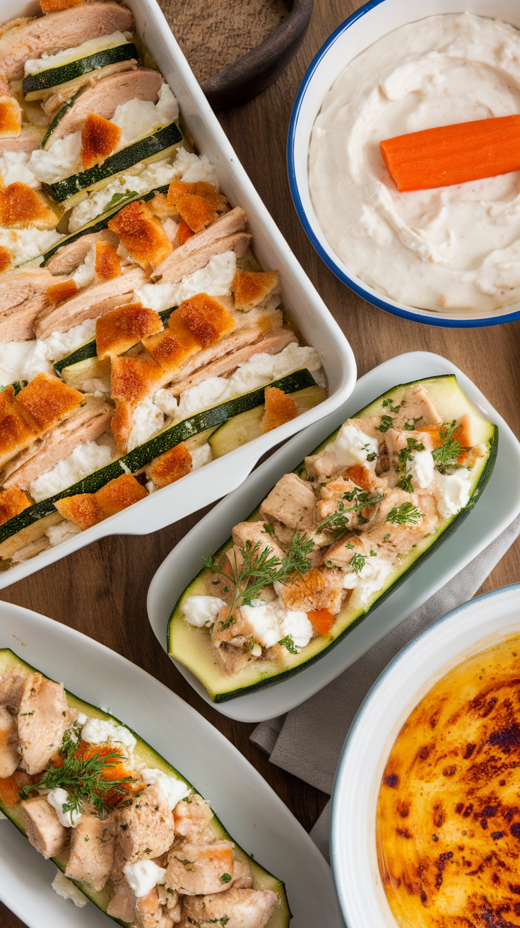 A vibrant spread of cottage cheese and chicken dishes, including baked chicken, stuffed zucchini, and a creamy dip.