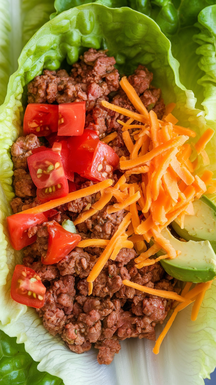 Keto beef taco lettuce wraps with ground beef, diced tomatoes, shredded cheese, and avocado