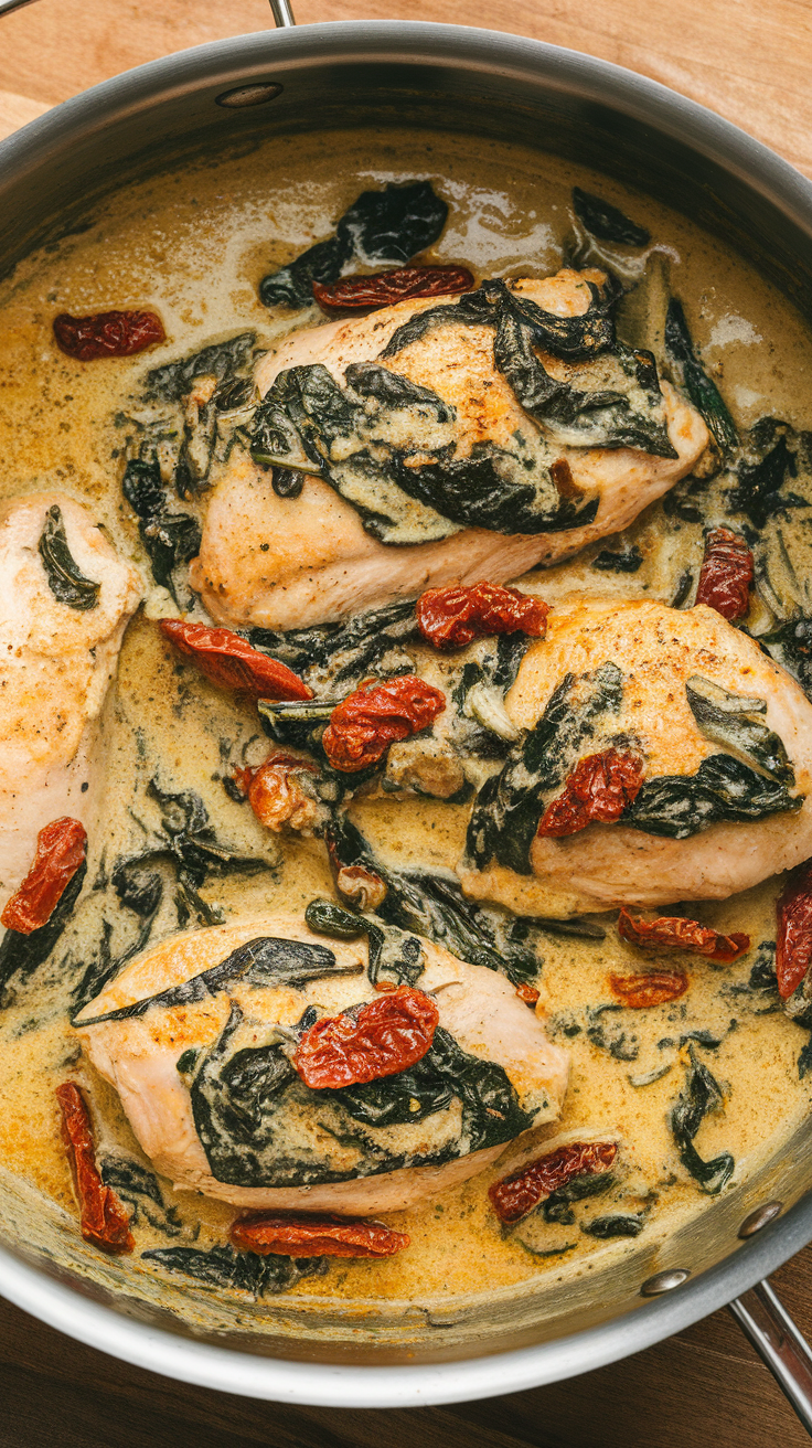 Creamy Tuscan chicken skillet featuring chicken breasts, spinach, and sun-dried tomatoes in a creamy sauce.