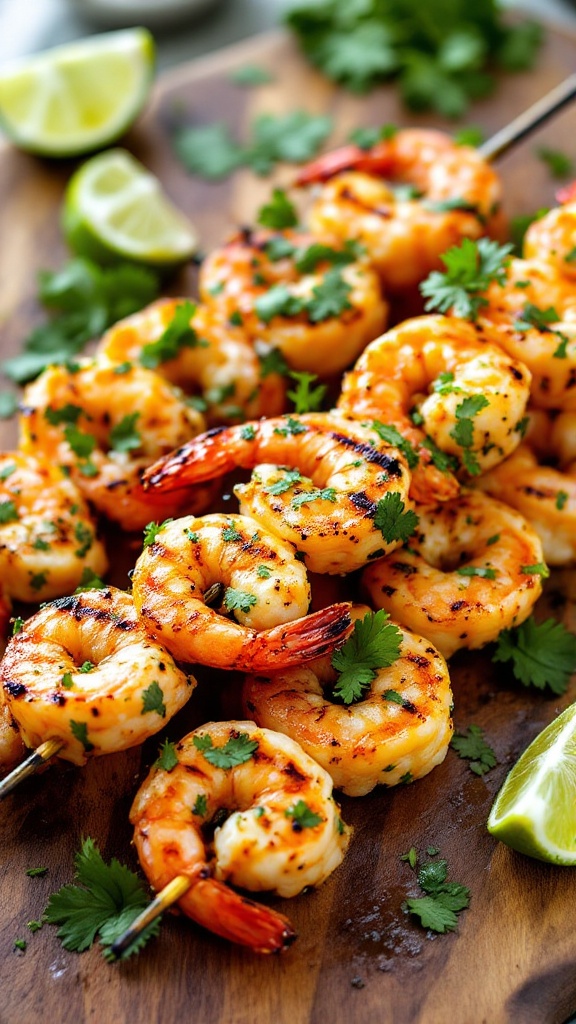 Grilled cilantro lime shrimp skewers garnished with fresh cilantro and lime wedges