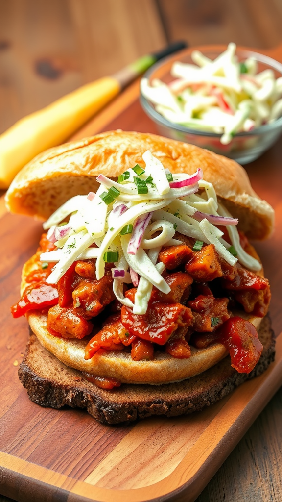 A delicious vegan BBQ jackfruit sandwich topped with slaw on a wooden board.