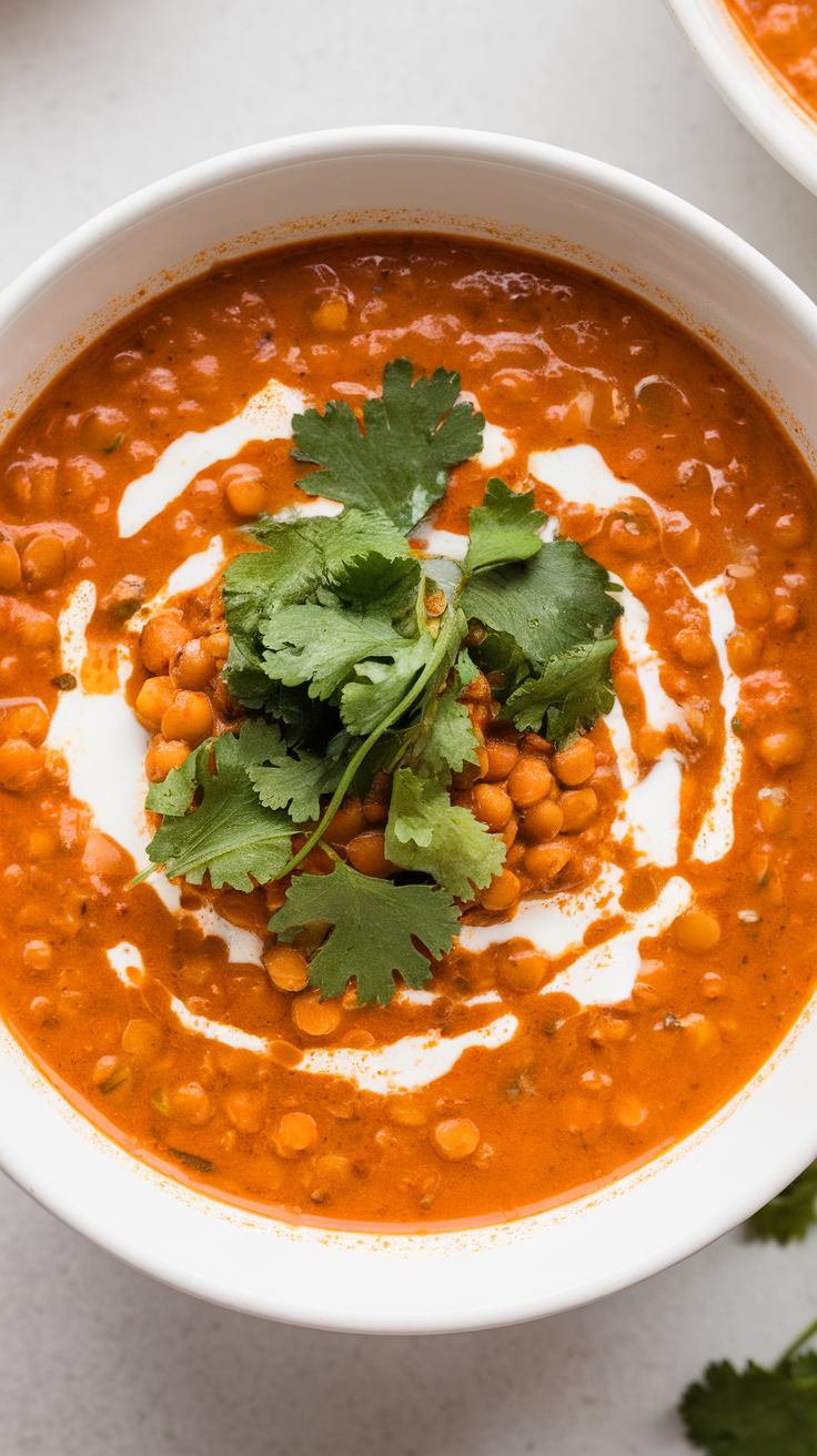 A bowl of spicy vegan lentil curry soup topped with cilantro