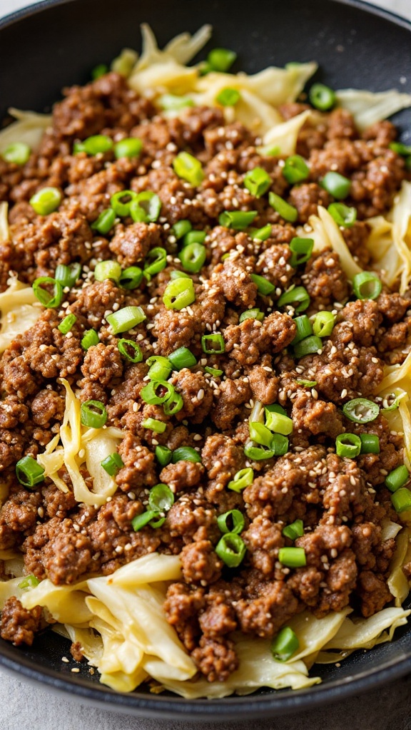 A delicious beef and cabbage stir-fry with green onions and sesame seeds.