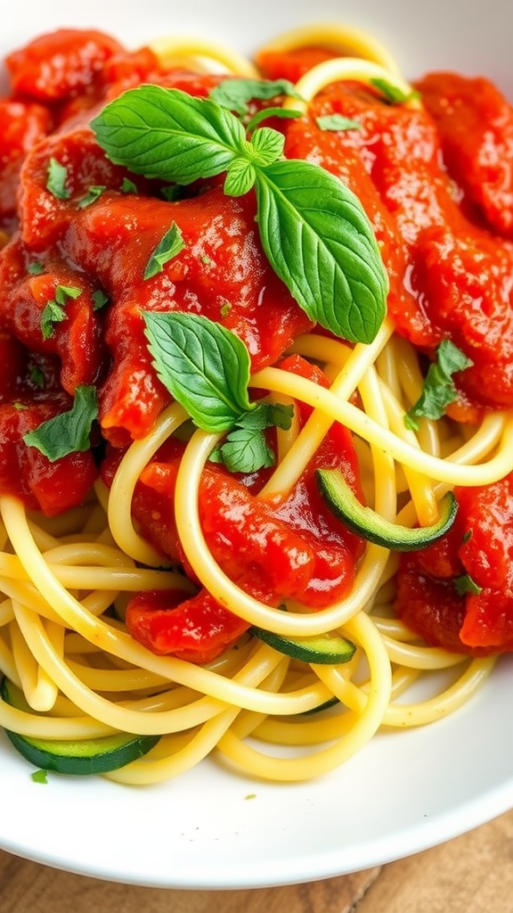 A plate of zucchini noodles topped with marinara sauce and fresh basil.