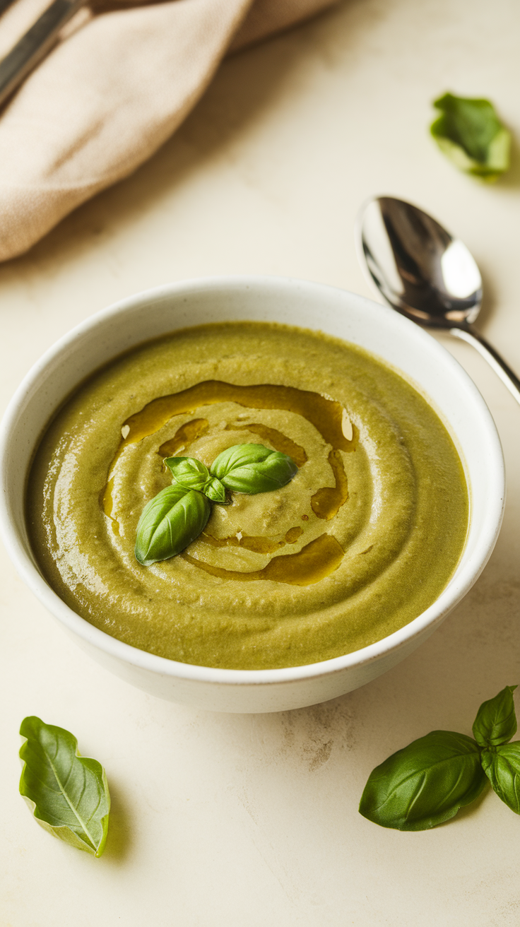 Bowl of creamy zucchini and basil soup with fresh basil leaves on top