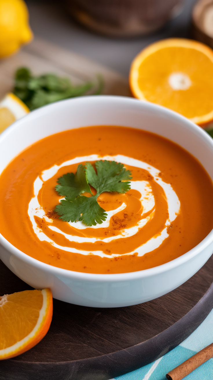 A bowl of Vegan Curried Carrot and Parsnip Soup garnished with a swirl of coconut cream and cilantro.