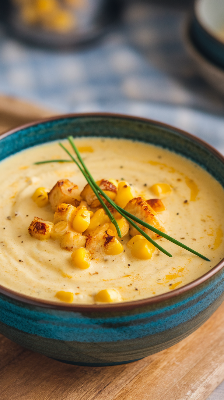 A bowl of creamy vegan corn chowder topped with grilled corn and chives