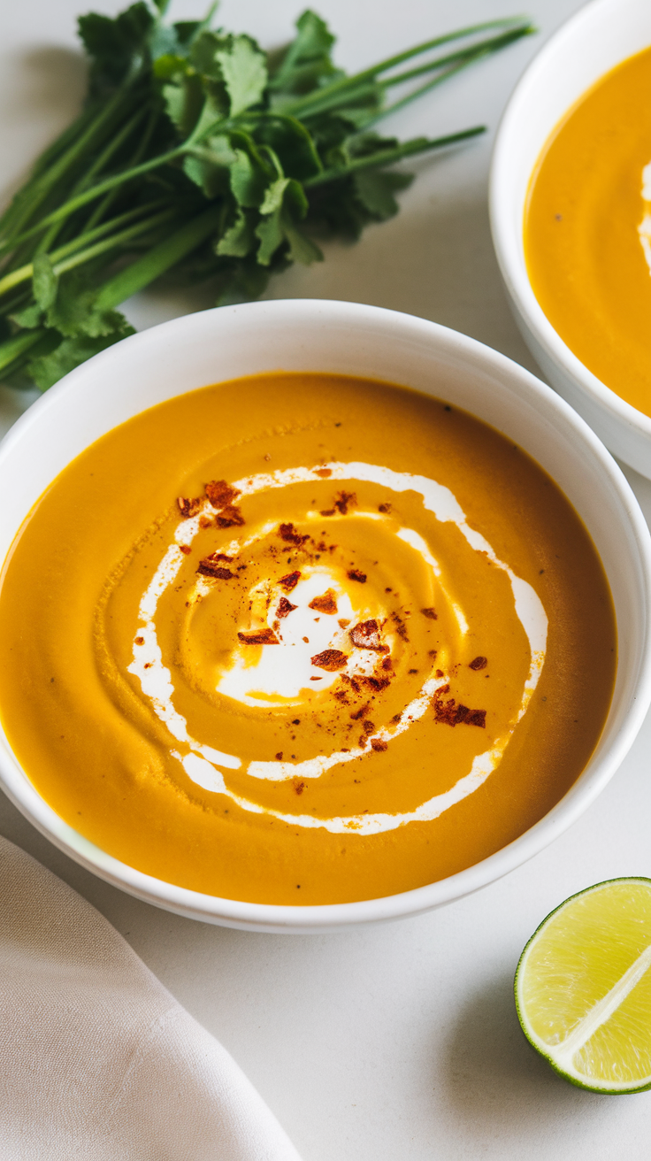 Creamy Pumpkin Coconut Curry Soup with cilantro and lime