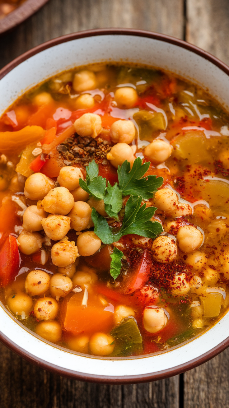 A bowl of Moroccan Chickpea and Vegetable Soup with chickpeas, vegetables, and spices