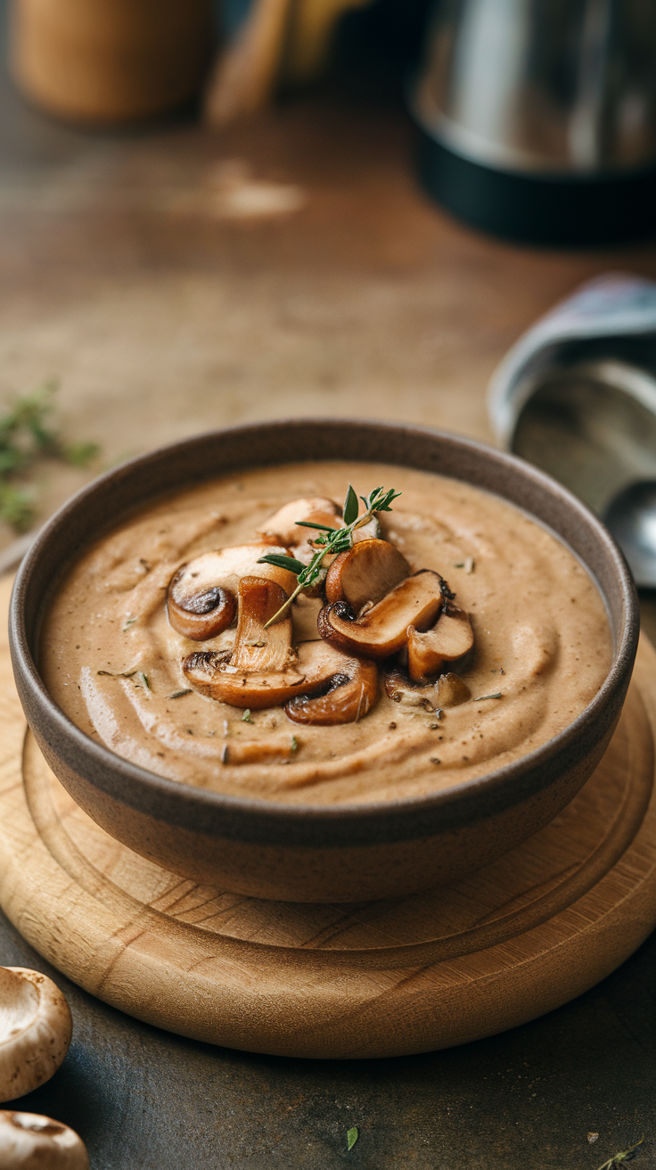 A bowl of creamy mushroom soup topped with sautéed mushrooms and herbs.