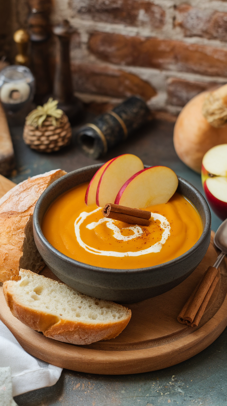 A bowl of creamy butternut squash and apple soup topped with apple slices and cinnamon, next to slices of bread.