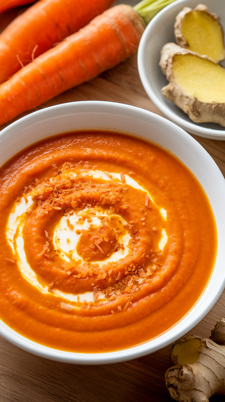 A bowl of bright orange carrot ginger soup with coconut cream swirl and fresh carrots and ginger in the background.