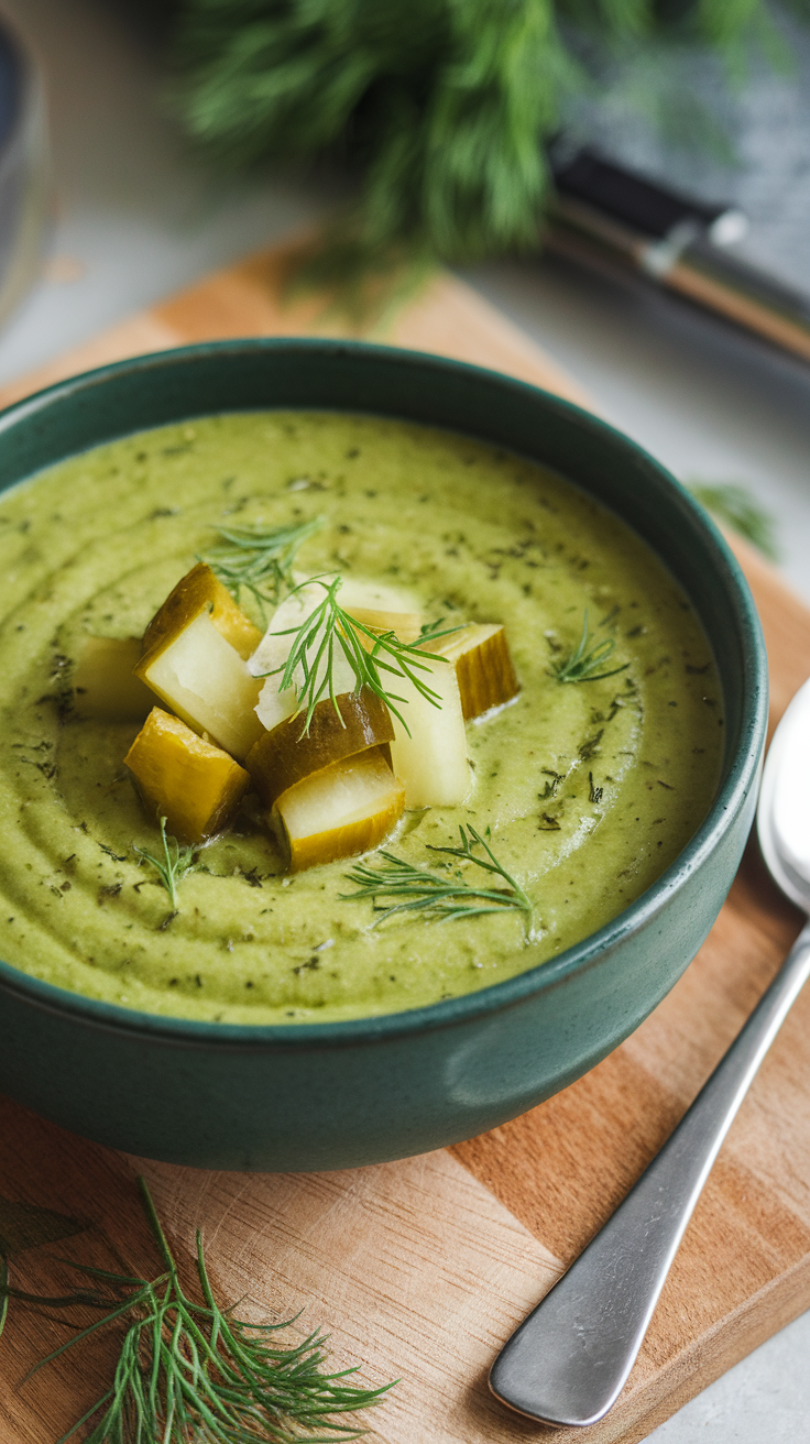 A bowl of creamy vegan dill pickle soup topped with dill and pickles.