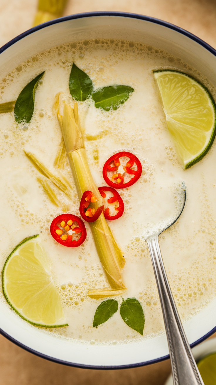 A creamy coconut lemongrass soup garnished with lime slices, lemongrass, and red chilies