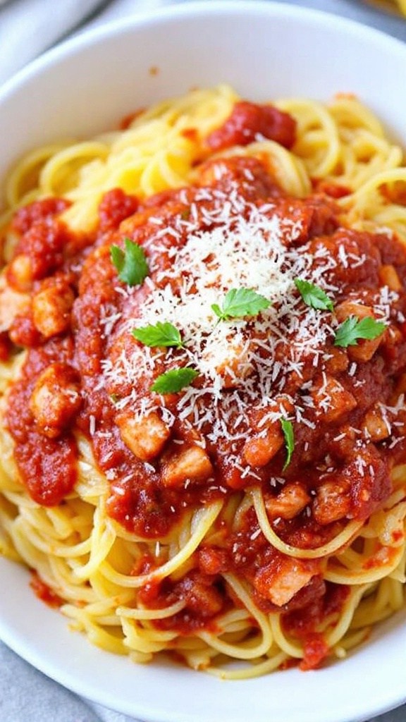 A bowl of spaghetti squash topped with ground turkey marinara sauce and garnished with parsley.