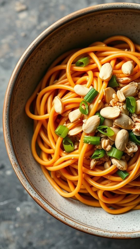 A bowl of Thai peanut noodles topped with peanuts and green onions.