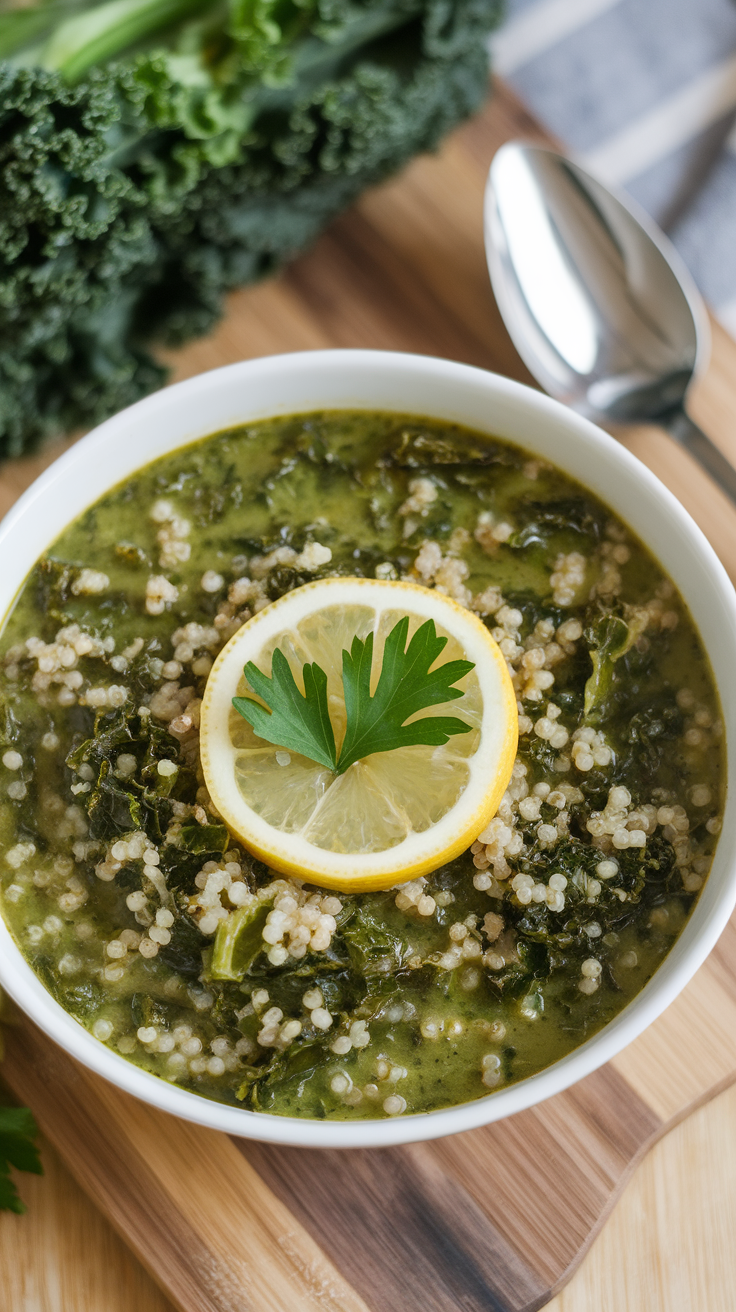 A bowl of Kale and Quinoa Soup garnished with lemon and parsley