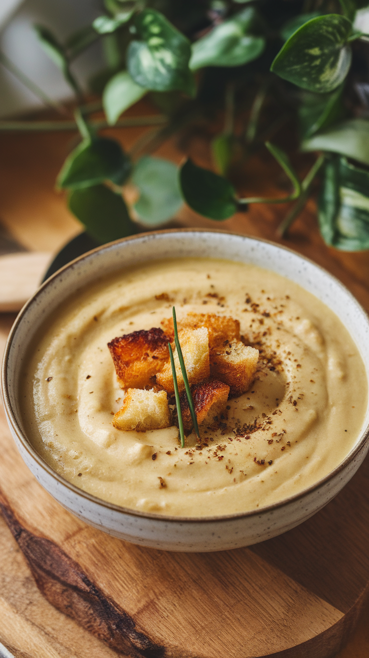 Bowl of creamy vegan potato leek soup topped with croutons and chives