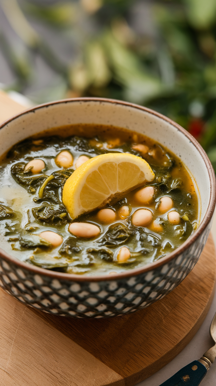 A bowl of spinach and white bean soup topped with a lemon wedge.