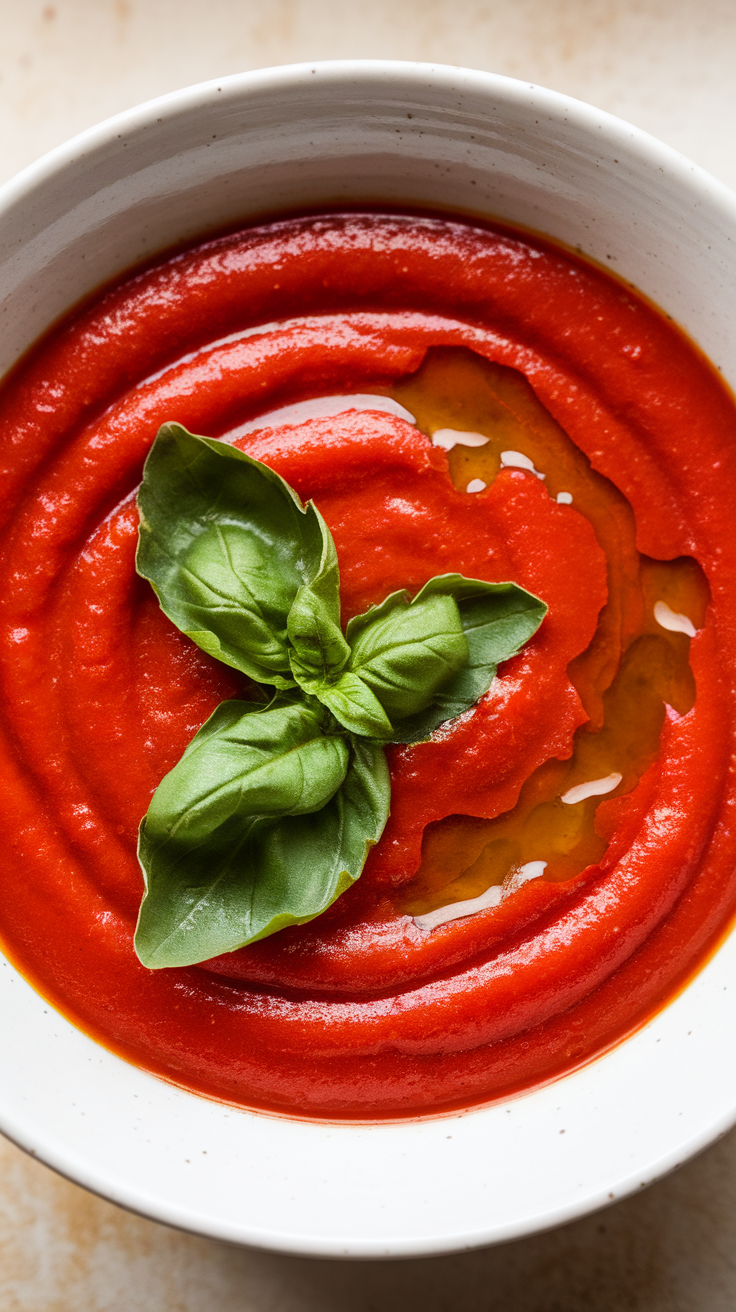 A bowl of vibrant red tomato and red pepper soup garnished with fresh basil.