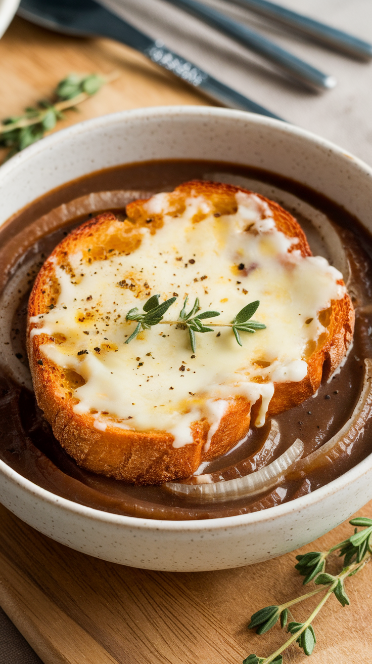 A bowl of vegan French onion soup with a cheesy toast on top and fresh thyme garnish.