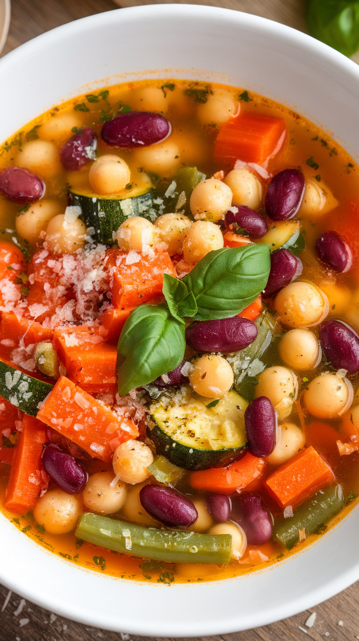 A bowl of colorful vegetarian minestrone soup filled with various vegetables and beans